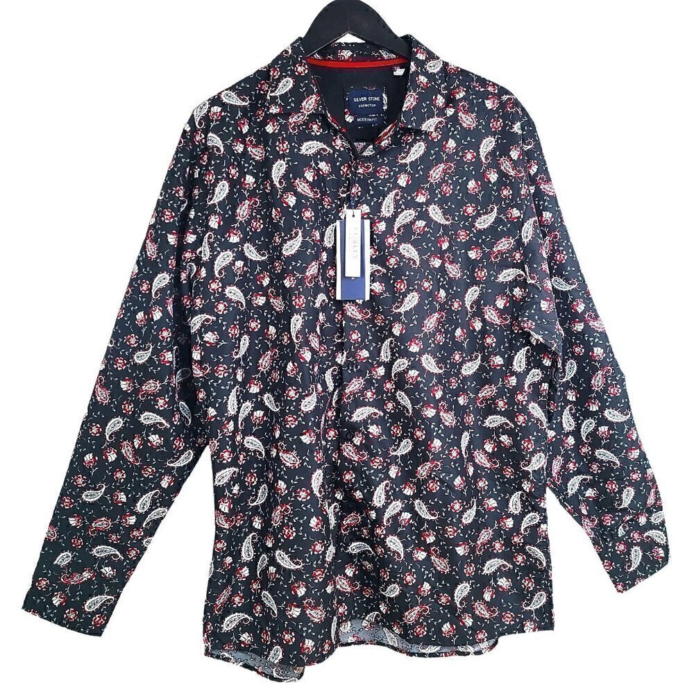 NWT SILVER STONE COLLECTION Mens Black & Red Paisley Button up Shirt Modern Fit